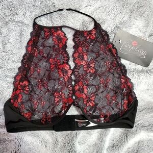 NWT Forplay Black and Red Floral Lace Bra